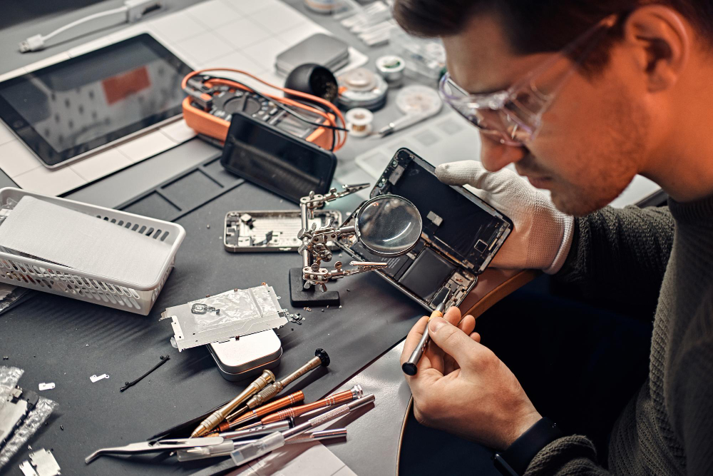 Close-up of a technician repairing a smartphone motherboard in Dubai